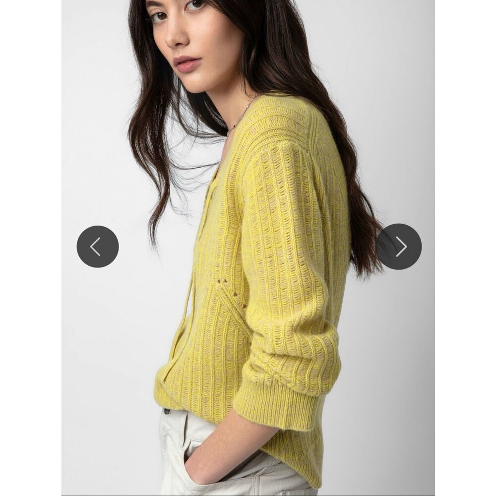 Zadig & Voltaire Fanny Lace-Up Cable Knit Sweater Size S Lime Green Yellow - Picture 2 of 12
